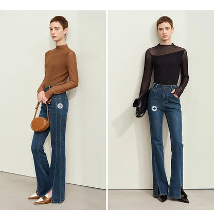 Minimalism Mesh T-shirts For Women 2025 Autumn New Office Lady Half-high Neck Micro Perspective Slim Retro Shirt 12423055