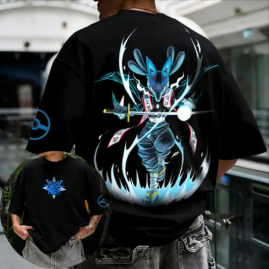 Oversized Cosplay Costumes Pokémon Lucario Unisex 2026 Summer Harajuku Anime Print Y2K Hip-hop Casual Pure Cotton T-shirt