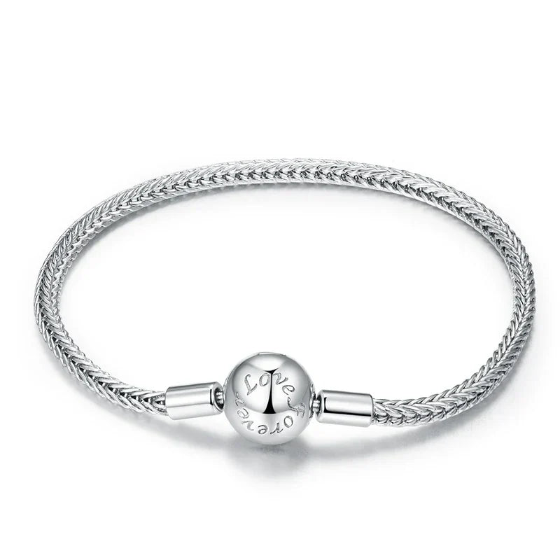 925 Sterling Silver Zircon Rose Buckle Bracelet Snake Chain for Women Bead Charm DIY Chic Jewelry Gift BSB096