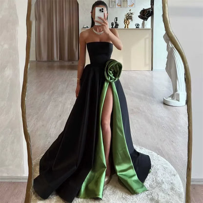 Simple Black A-Line Formal Dresses Stain Pleats Split Party Dress For Wedding Strapless Special Occasion Dress Customized