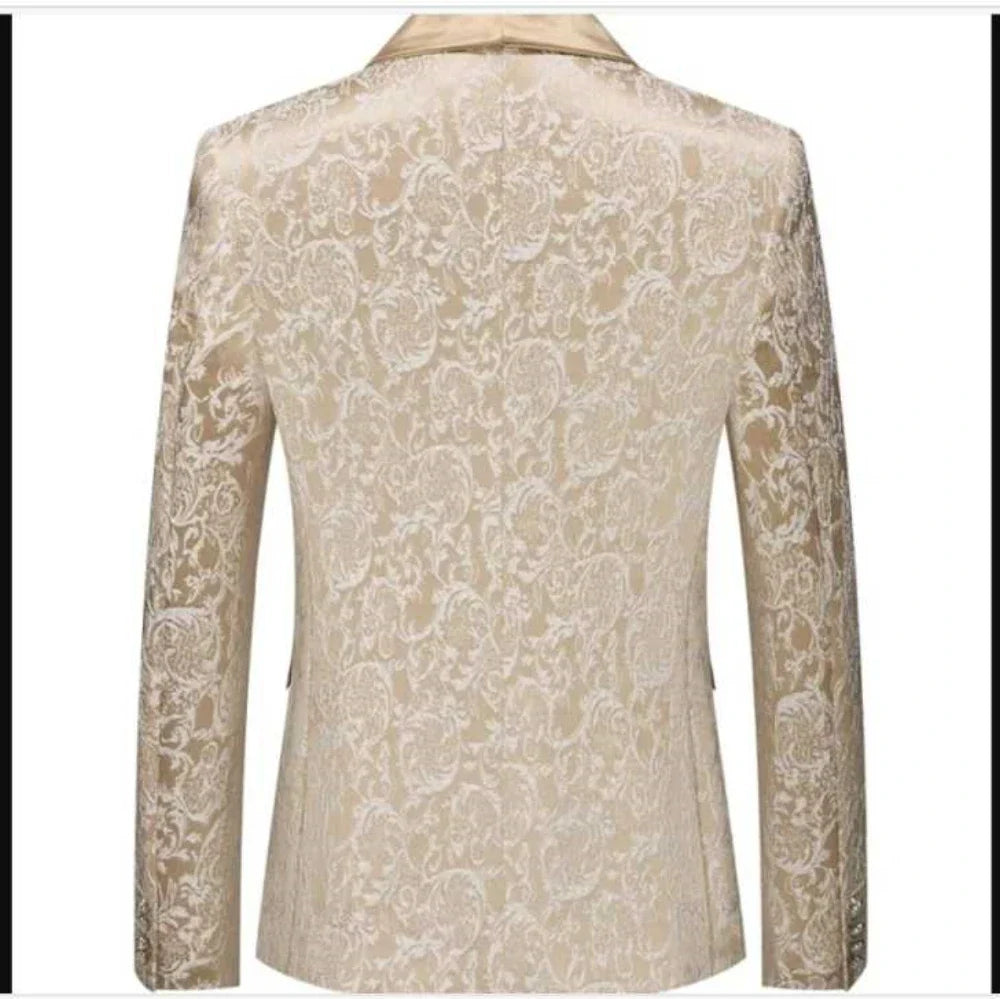 New Champagne Jacquard Men's 3 Pieces Suit Formal Shawl Lapel Slim Fit Groom Tuxedos Best Man Blazer Set For Wedding Party Prom