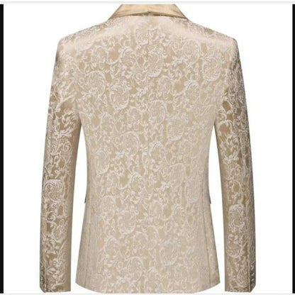New Champagne Jacquard Men's 3 Pieces Suit Formal Shawl Lapel Slim Fit Groom Tuxedos Best Man Blazer Set For Wedding Party Prom