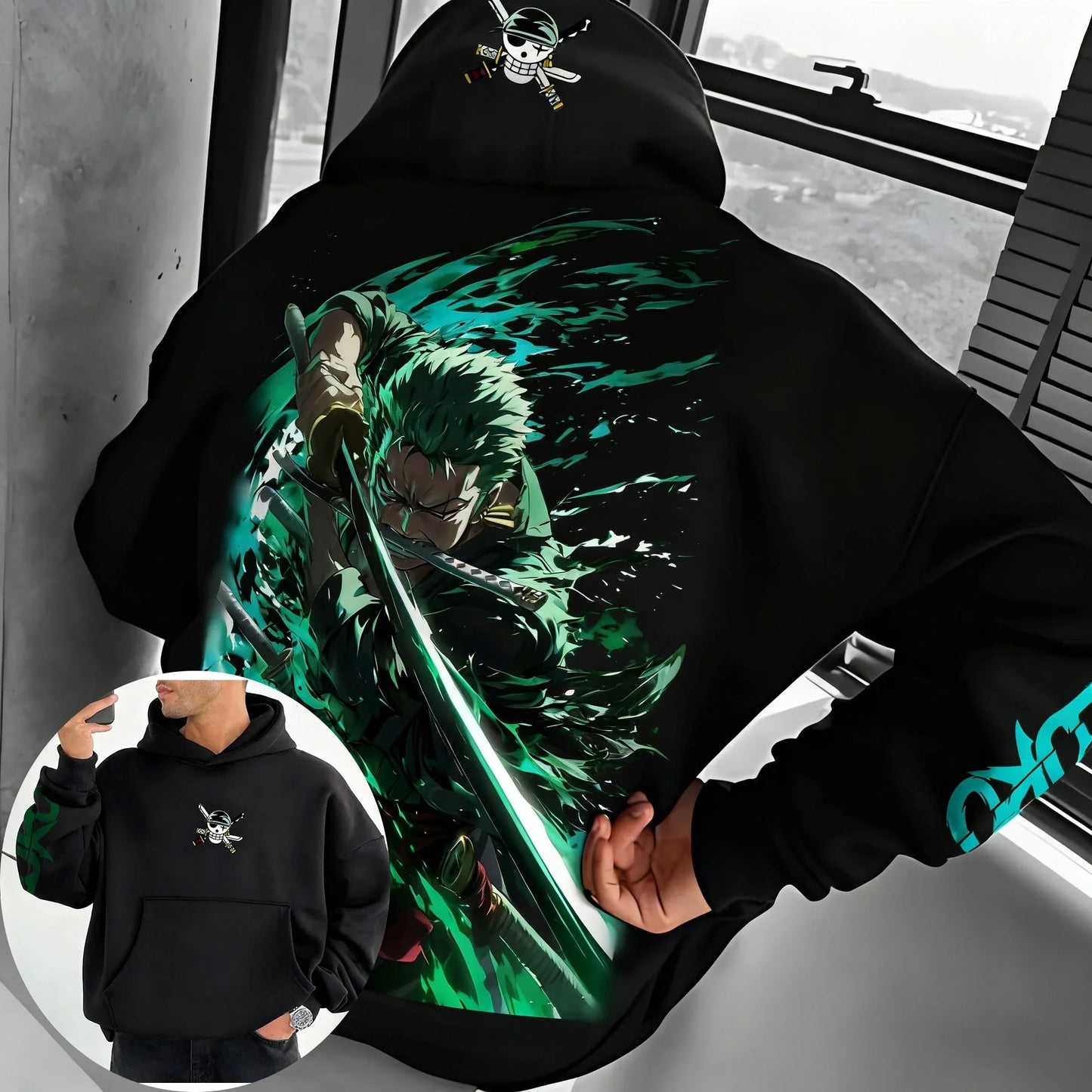 ONE PIECE Anime Autumn/Winter Hoodie Men's and Women's New Roronoa Zoro Printed Street Hip Hop Trendy Casual Parent Child Top