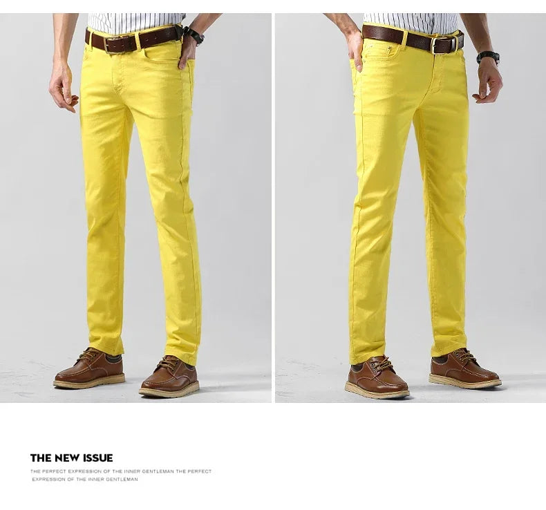 5 Colors Men's Colorful Denim Stretch Stretch Jeans Elastic Yellow Pink Red Slim Male Clothing Simple Business Denim Trousers