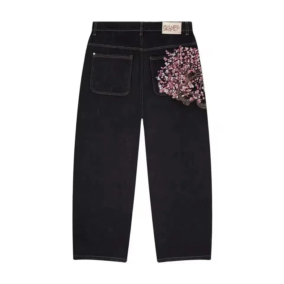 Y2K Vintage Low Waist Hip Hop Cherry Blossom Embroidered Jeans  Wide Leg Trousers Clothes Mens Embroidered Baggy Jeans Womes
