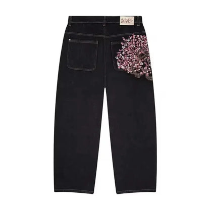 Y2K Vintage Low Waist Hip Hop Cherry Blossom Embroidered Jeans  Wide Leg Trousers Clothes Mens Embroidered Baggy Jeans Womes