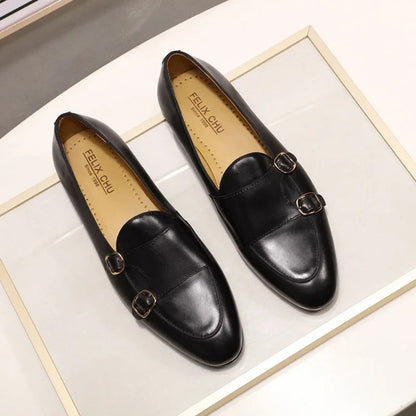 Men's Genuine Leather Loafers Handmade Monk Strap Casual Dress Shoes for Wedding Party Summer Autumn Footwear
