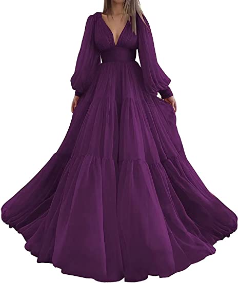 Pleat Tulle Princess Prom Gown V-Neck Long Puff Sleeve Plus Size Evening Gown Elegant Dress Women for Wedding Party