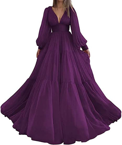 Pleat Tulle Princess Prom Gown V-Neck Long Puff Sleeve Plus Size Evening Gown Elegant Dress Women for Wedding Party