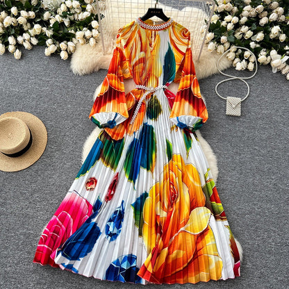 Ele High-End Women's Dr Faionable Beaded round Ne Hollow out Pleated Lantern Sve Waist Cinched Floral Print Lon...