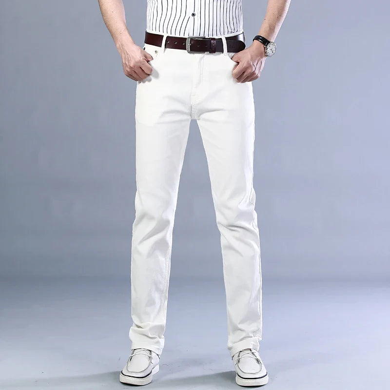 White Jeans Men's Fashion Straight Elastic Cotton Denim Pants Spring Autumn All-match Business Casual Trousers Male Clothes