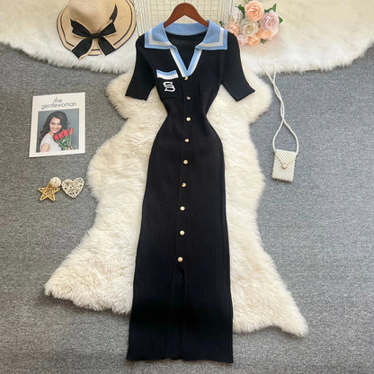 Chic Fashion Sexy Wrap Hips Knitted Long Dress 2026 New Brand Fashion Embroidery Single-breasted Shirt Dress Streetwear