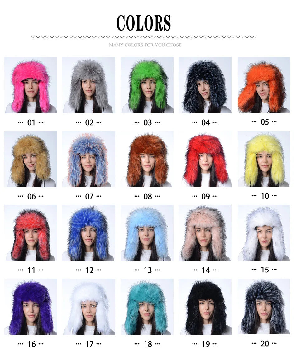 Plush Raccoon Fur Hat Women Thicken Faux Fur Earflap Hat Winter Warm Russian Ushanka Hats Windproof Furry Bomber Cap