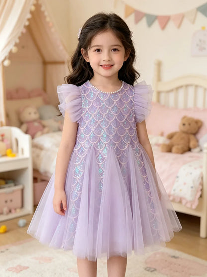 Girls Purple Mermaid Sequin Tulle Dress with Bow Veil Headband Kids Flutter Sleeve Princess Birthday Party Costume Dress