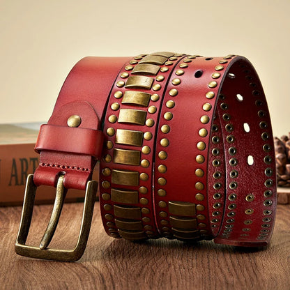Punk Rock Belts Geometry Pattern for Men for Women Rivet Studded Belts First Layer of Cowskin Hip Pop Decorative Belts