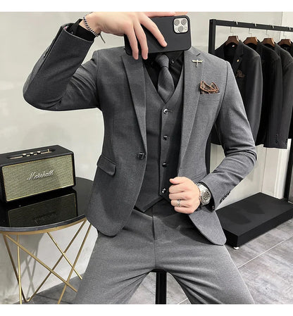 Blazer Vest Pants Men's Navy Blue Suit Set Slim Fit Blazer Vest Pants Formal Outfit for Business Wedding Office Groom Party