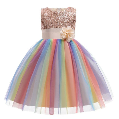 2026 Sequins Girls Dress Summer Flower Fashion Rainbow Mesh Little Princess Dresses For Piano Performance Costume Kids Clothes