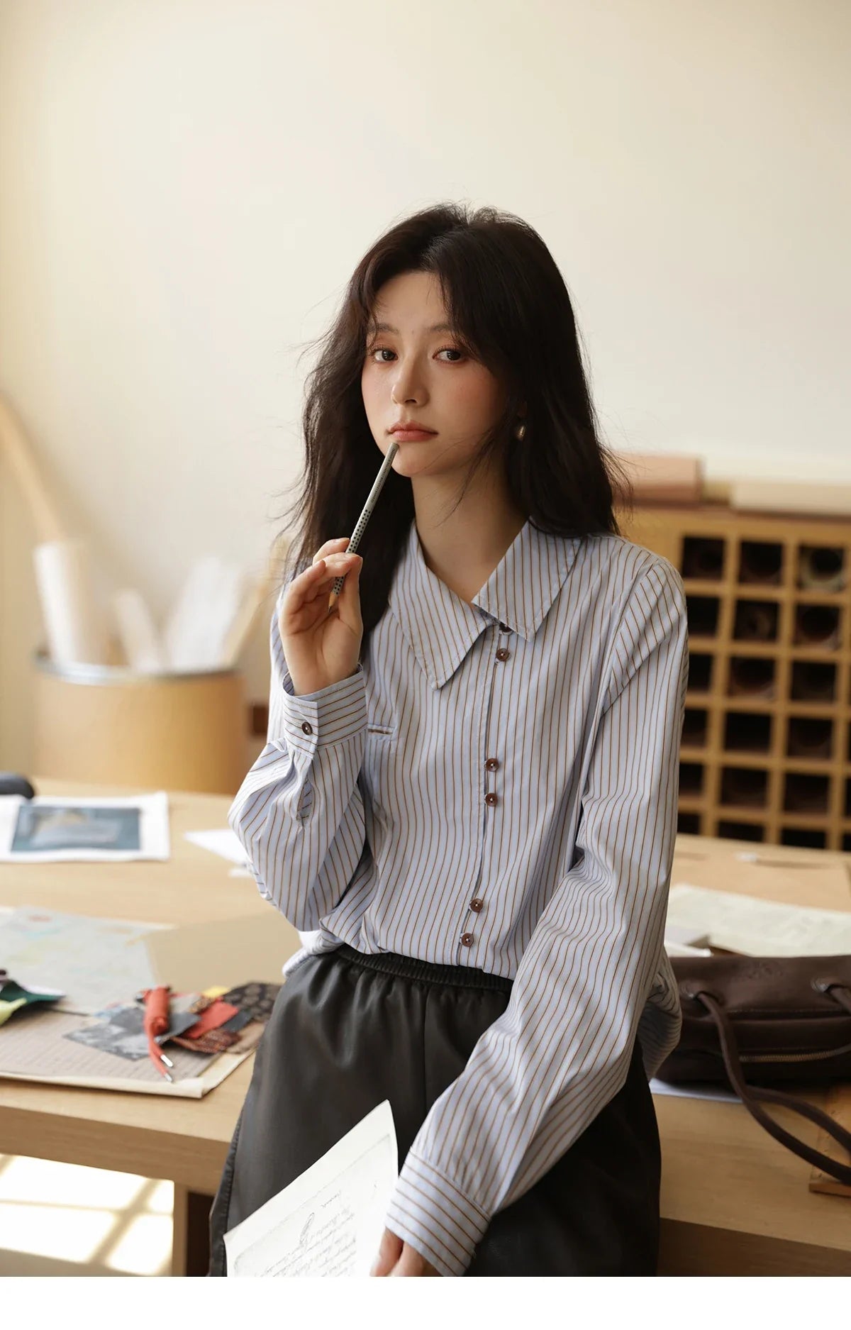 Women's Striped Asymmetric Shirt 2025 Autumn New Arrival Vintage Loose Long Sleeve Tops Commuter Woman Clothes MXE42C2375