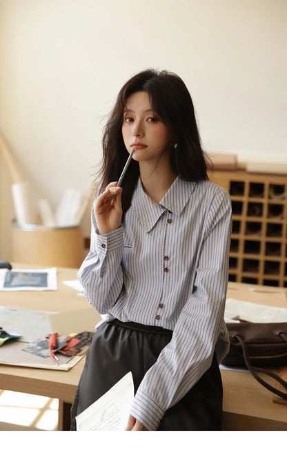 Women's Striped Asymmetric Shirt 2025 Autumn New Arrival Vintage Loose Long Sleeve Tops Commuter Woman Clothes MXE42C2375