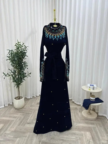 Saudi Arabia Luxury Black Velvet High-Neck Evening Dresses Turquoise Floral Prom Dresses Beaded Self-Tie Waist Wedding Dresses