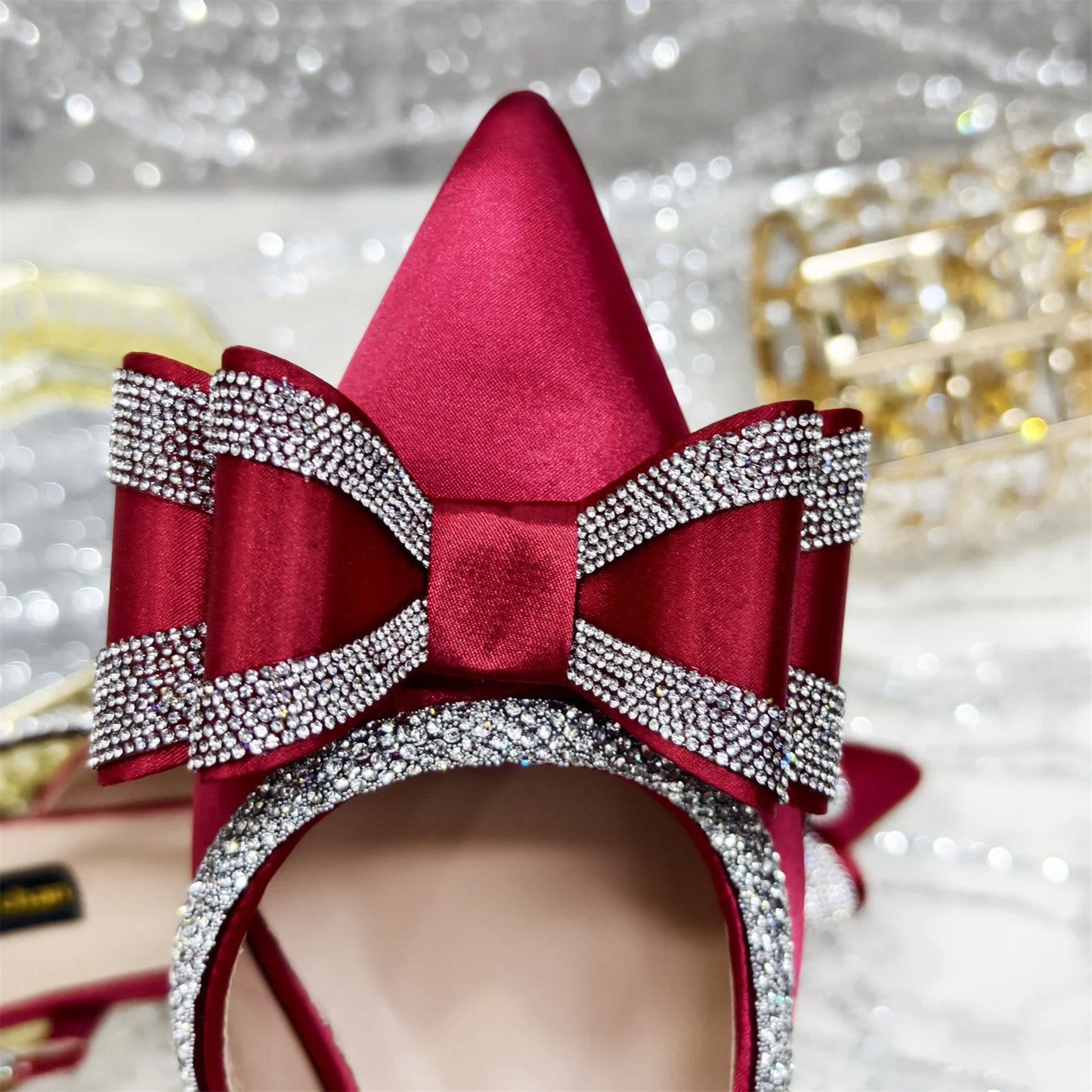 Elegant Gold Satin Rhinestone Bow Slingback Heel & Clutch Bag Set, Women Bridal Matching Kit For Wedding Party Evening Prom Form