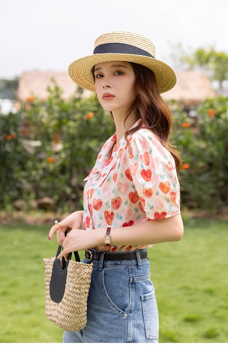 Korean Chic Fashion Women Stylish Blouses Summer French Sweet Retro Floral Polo-neck Puff Sleeves Tops MXB27C0450