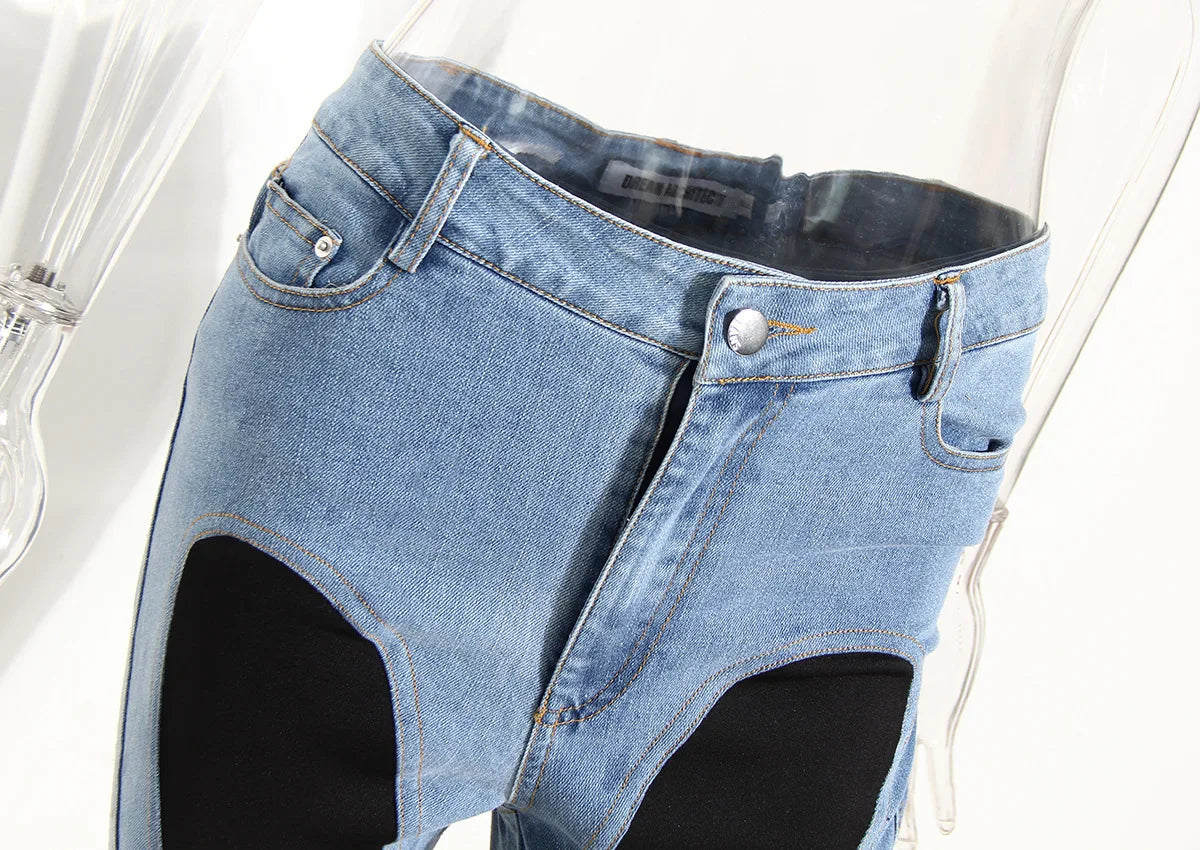 Jeans Women Pencil Pants 2023 Fashion High Waist Contract Color Patchwork Split Long Denim Pants Elastic Skinny Trousers
