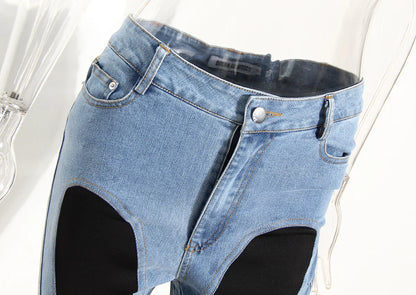 Jeans Women Pencil Pants 2023 Fashion High Waist Contract Color Patchwork Split Long Denim Pants Elastic Skinny Trousers