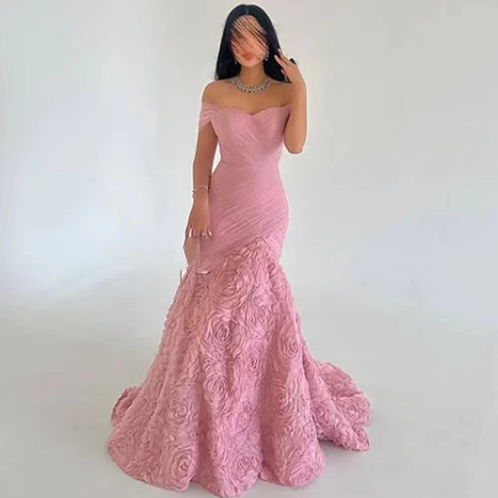 Customized High quality Exquisite Classic Jersey Pleat Handmade Flower Ball Off-the-shoulder Long Dresses Prom Dresses Matching