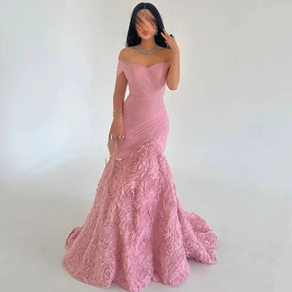 Customized High quality Exquisite Classic Jersey Pleat Handmade Flower Ball Off-the-shoulder Long Dresses Prom Dresses Matching