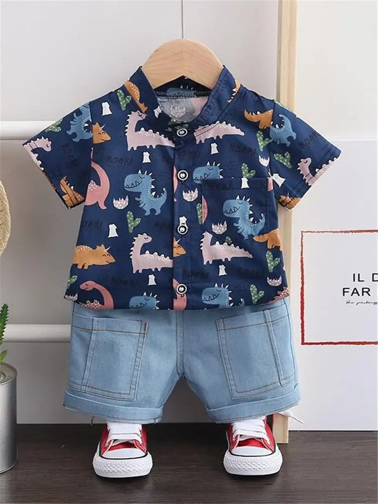 Children Clothes Spring Cartoon Baby Boy Short Sleeve Printe Dinosaur Causal Shirts Jeans 2Pcs/set Kid Fashion Toddler Tracksuit