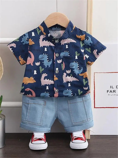 Children Clothes Spring Cartoon Baby Boy Short Sleeve Printe Dinosaur Causal Shirts Jeans 2Pcs/set Kid Fashion Toddler Tracksuit
