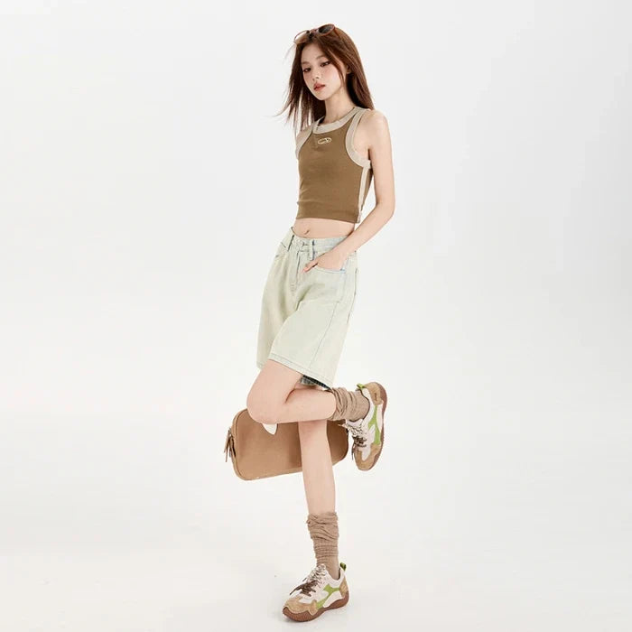 Women's High Waist Wide Leg  Y2K American Retro Washed Five-Point Denim Shorts Summer Loose Slim Straight Cut Mid-Length Pants