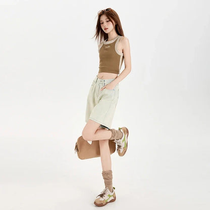 Women's High Waist Wide Leg  Y2K American Retro Washed Five-Point Denim Shorts Summer Loose Slim Straight Cut Mid-Length Pants