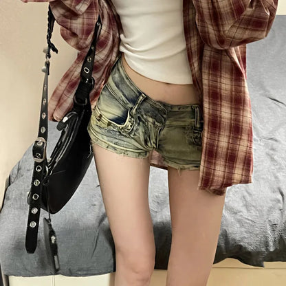 New Woman Designer Low Waist Punk Jeans Girls Aesthetic Elastic High Street Mini Pants Female Sexy Nightclub Summer Denim Shorts