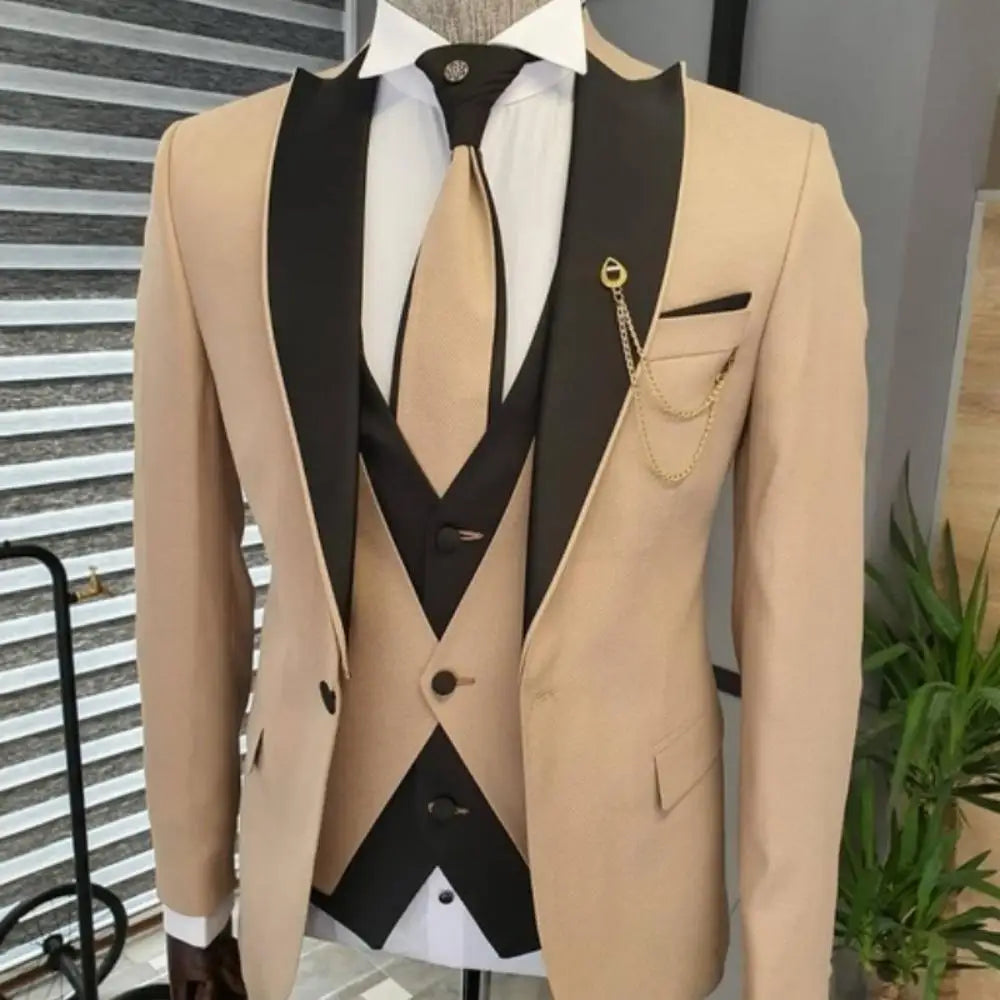 Men's Solid Slim Fit 3-Piece Business Suit Set with Blazer Vest And Pants for Wedding Party Luxury Fashion Tuxedo