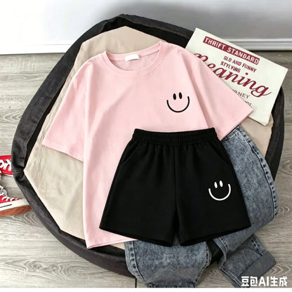 2026 New Summer Smiling Face Print Kids T-shirt Set Short-sleeved Pure Cotton Loose Basic Versatile Cool Simple Kids Outfit Tops