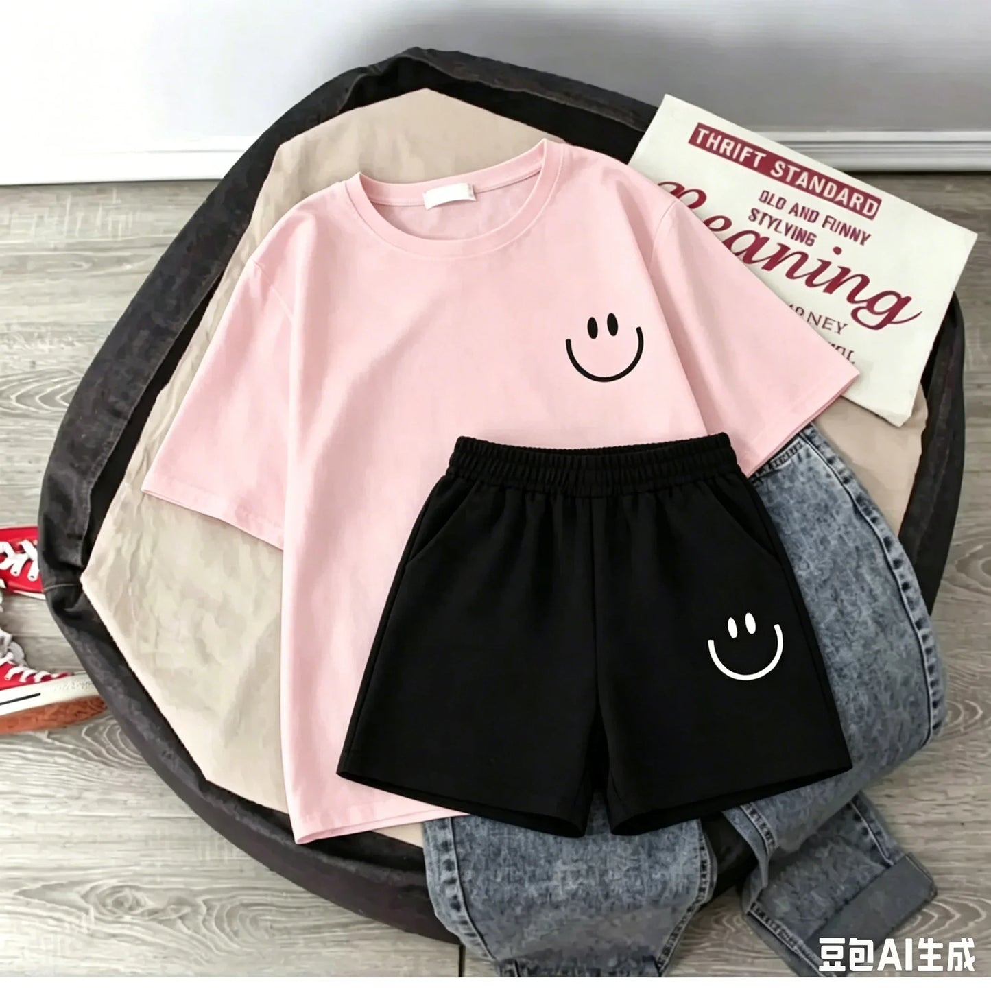 2026 New Summer Smiling Face Print Kids T-shirt Set Short-sleeved Pure Cotton Loose Basic Versatile Cool Simple Kids Outfit Tops