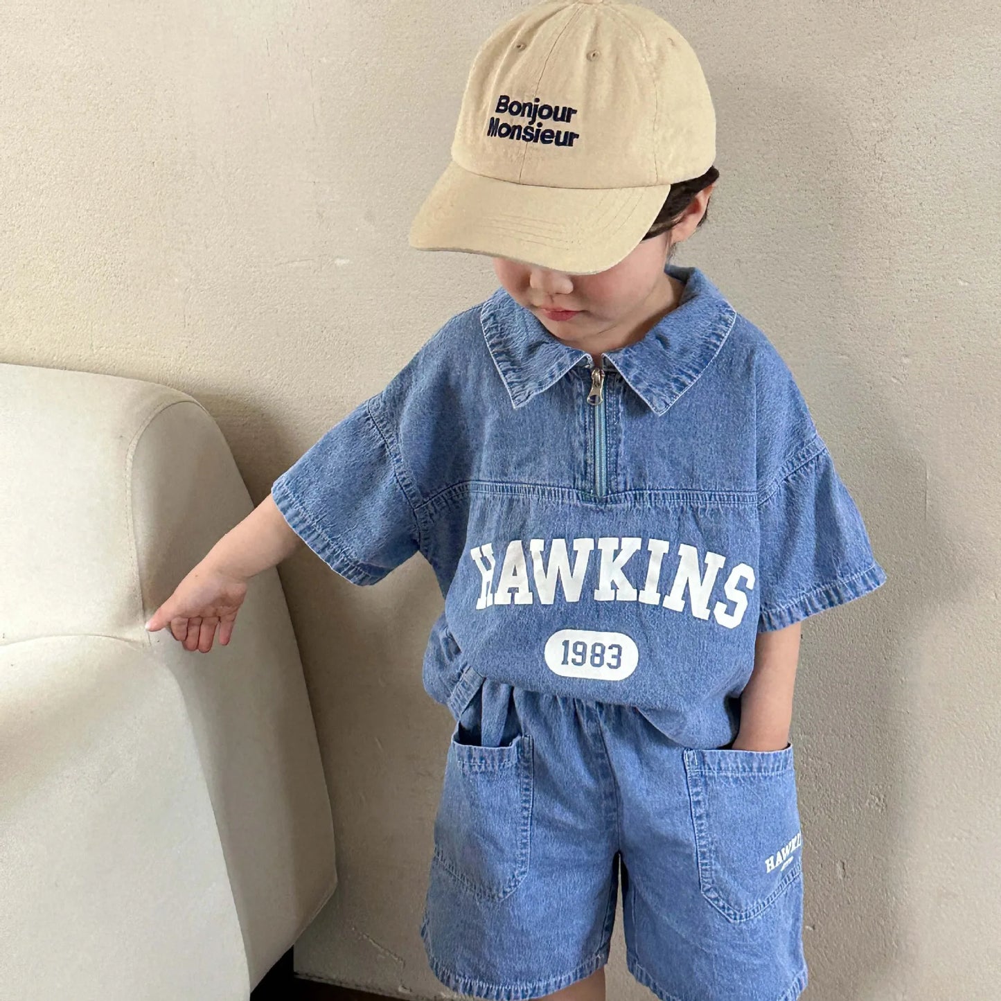 Summer Baby Girls Boys Cotton Alphabet Half Zip Denim T-Shirt Tops+Shorts Pant School Kids Tracksuit Child 2PCS Outfit 1-12Years