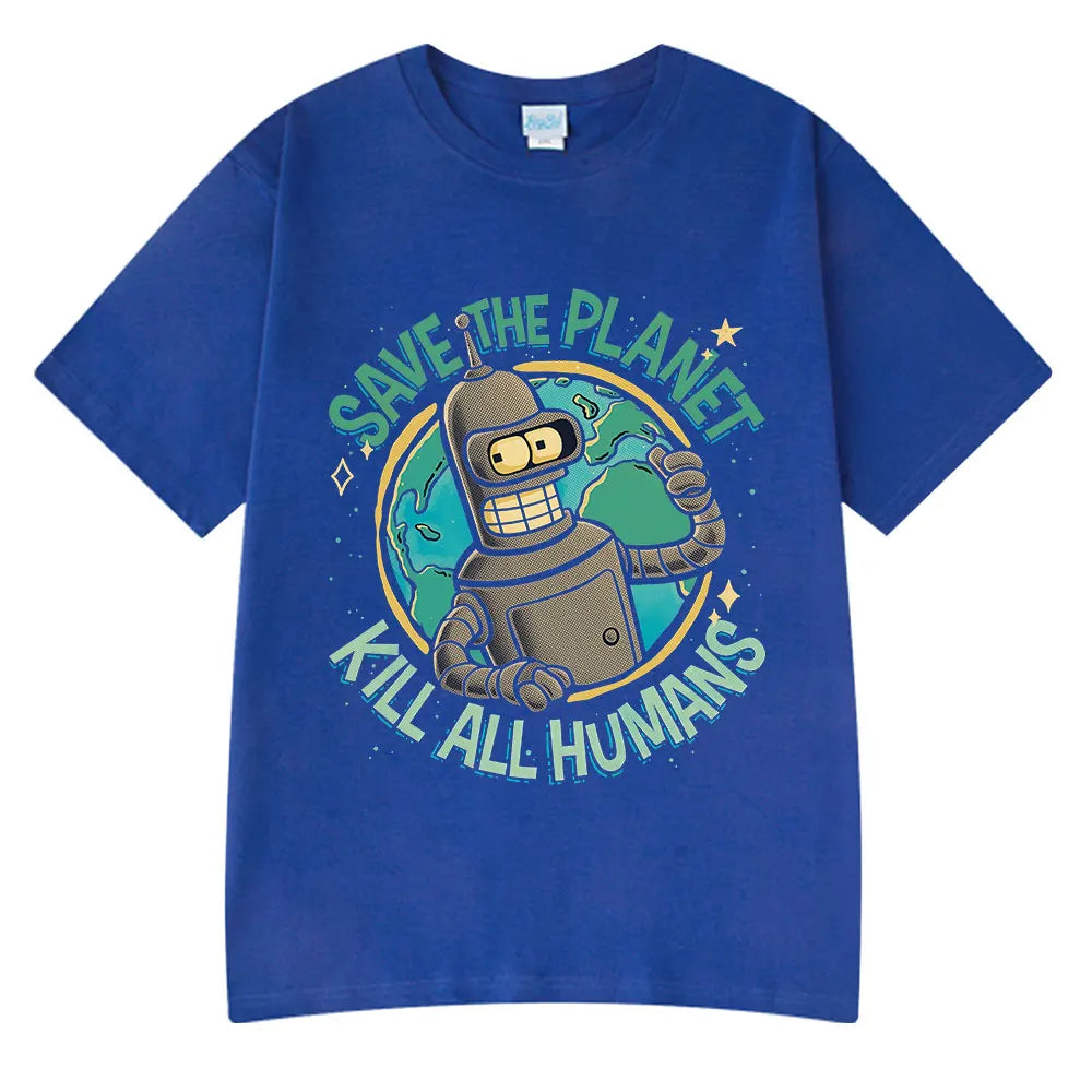 Funny Save The Planet Kill All Humans Robot Graphic Print T Shirt Men's Women Fashion Short Sleeve T-shirt Oversized Cotton Tees
