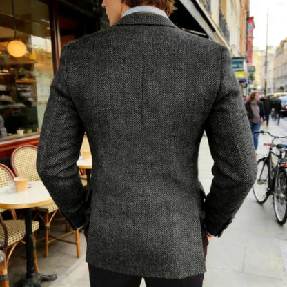 Men's Grey Herringbone Tweed Blazer Classic-Fit Notched Lapel Casual Jacket Slim Fit Business Wedding Suit Coat Plus Size
