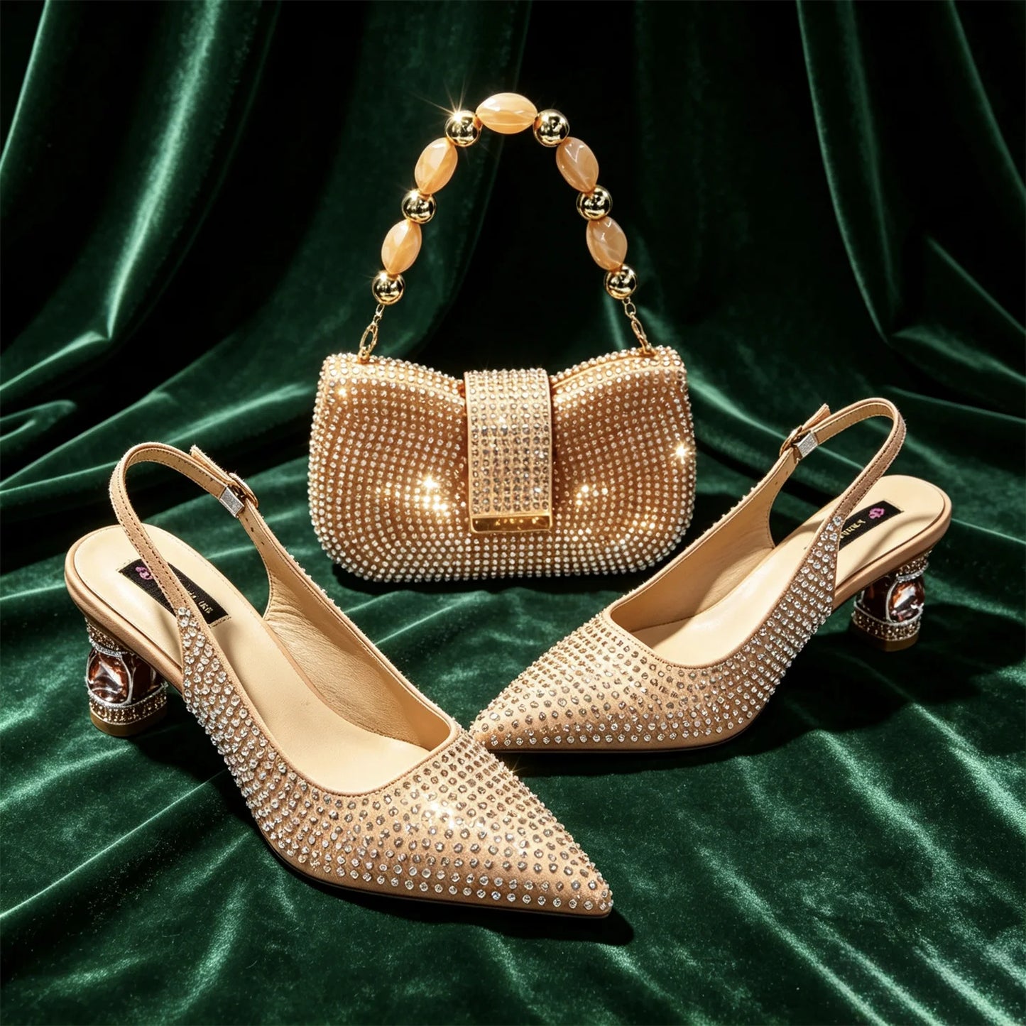 Purple Rhinestone Shoe and Bag Set Women Pointed Toe Slingback Block Heels Matching Purse for Wedding Party Evening Prom