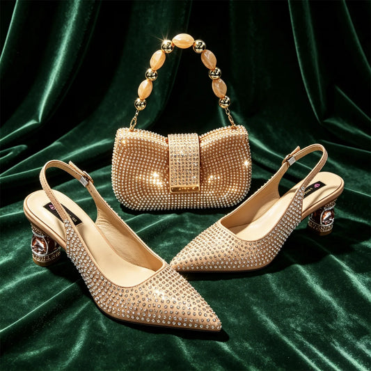 2026 Venus Chan INS Italian Design Women's Crystal Wedding Heels and Handbag Set Peach Color Pointed Toe Party Bridal Footwear