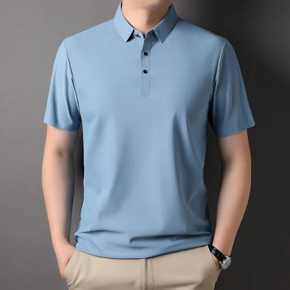 High quality wrinkle resistant ice silk short sleeve t-shirt men's summer Lapel loose casual solid color top high-end polo men