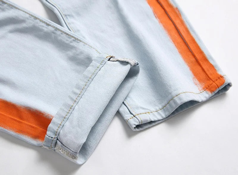 2026 New Men's Yellow Jeans, Blue Stretch Biker Trousers, Broken Hole Jeans, Fashion Popular Men Denim Pants Big Size 29-42