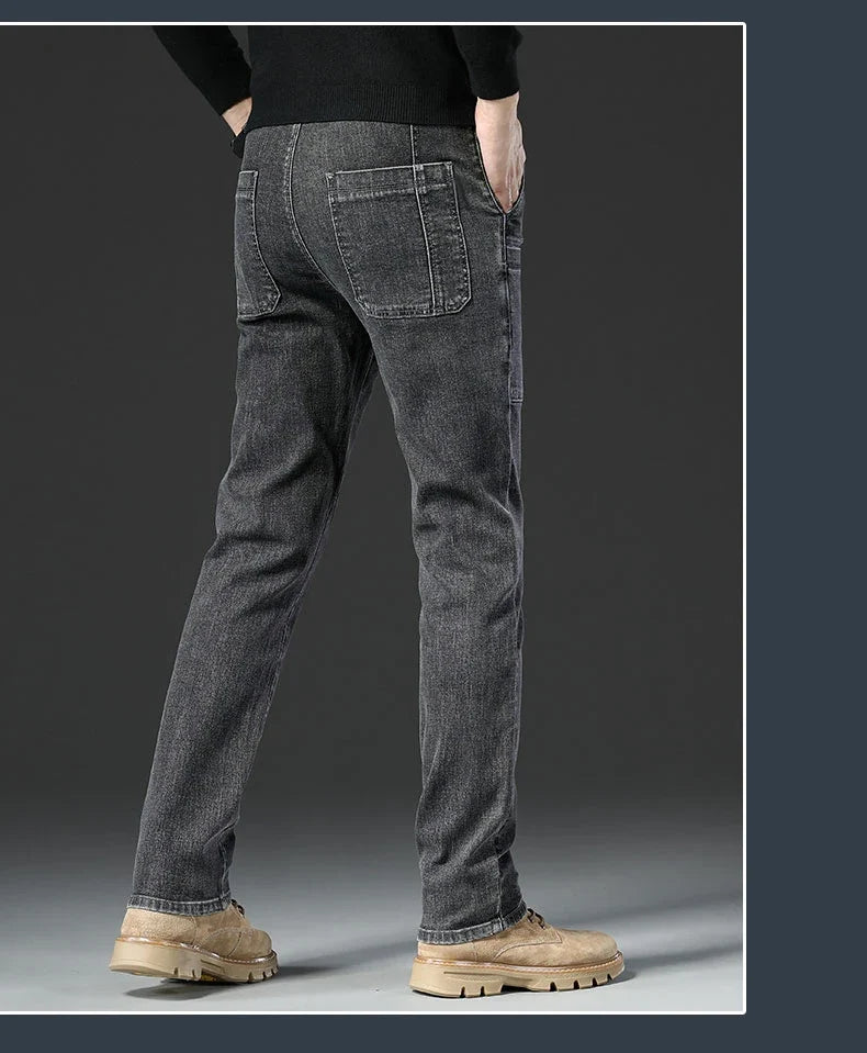 6 Pocket Design Denim Jeans Men's 2025 New High Elasticity Denim Casual Trousers Straight Male Pants Fashion Mid-waist Jeans