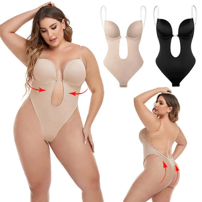 Invisible Shaper Bra Bodysuit Women Corset Backless Deep V U-Plunge Thong Waist Trainer Clear Strap Padded Push Up Shapewear