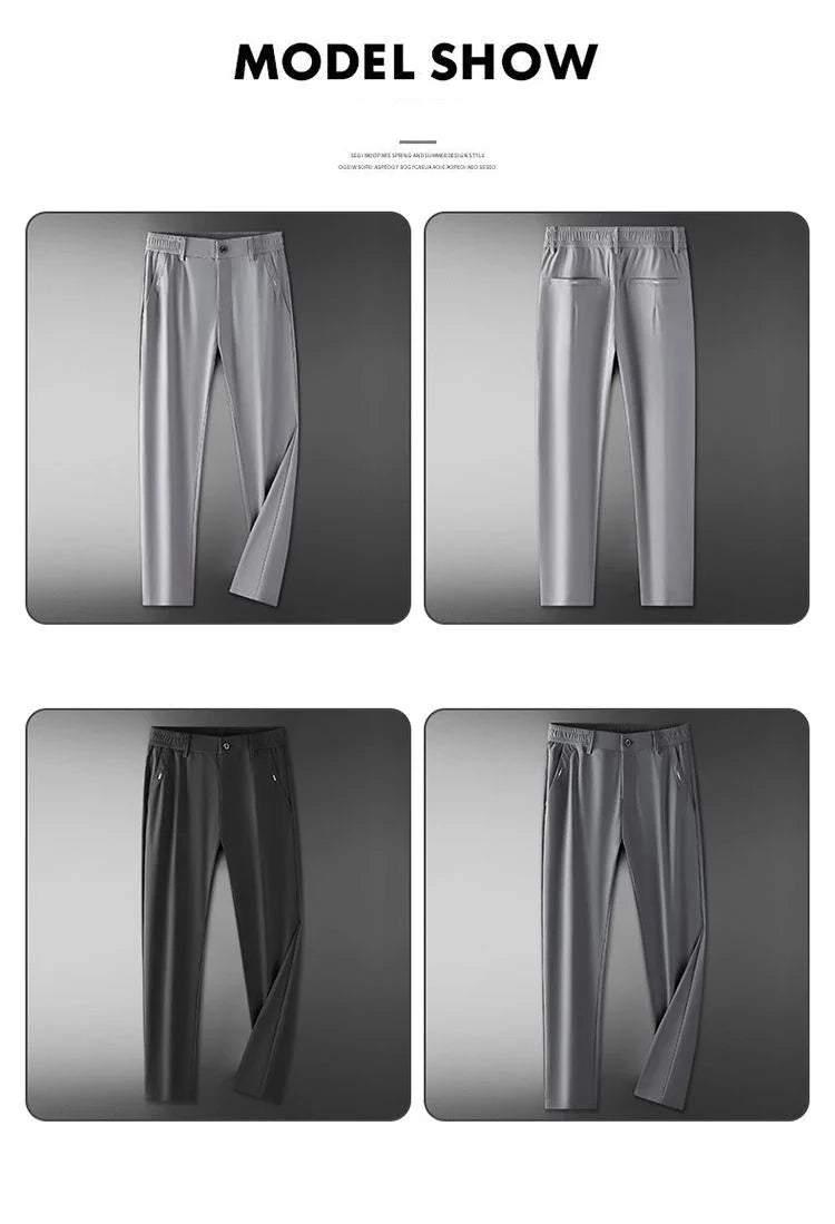 High Elastic Ice Silk Casual Pants Men's Spring Summer Ultra-thin Quick Drying Soft Breathable Business Straight Gray Trousers