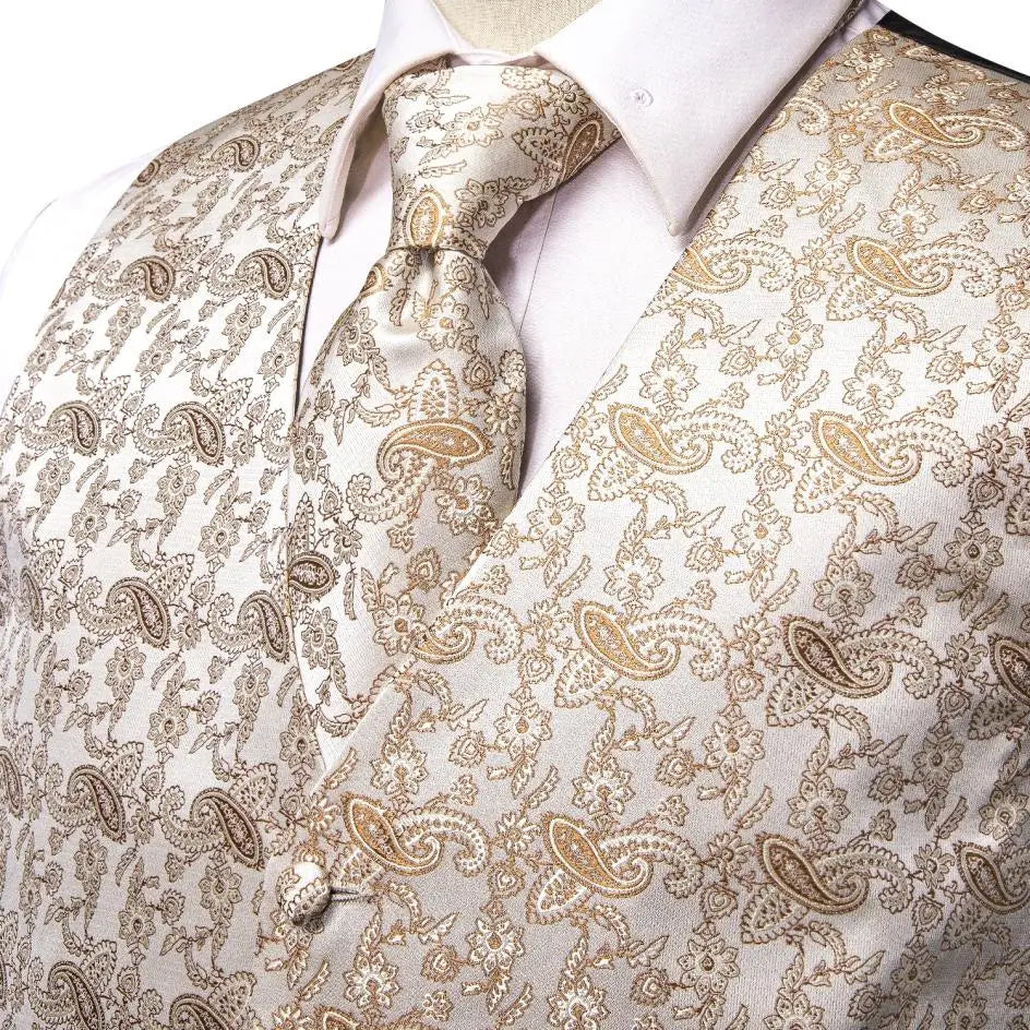 Designer Beige Champagne Ivory Khaki Mens Vest Necktie Set Jacquard Waistcoat Jacket Tie Hankerchief Cufflinks for Men Gift