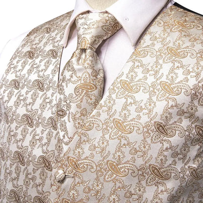 Designer Beige Champagne Ivory Khaki Mens Vest Necktie Set Jacquard Waistcoat Jacket Tie Hankerchief Cufflinks for Men Gift